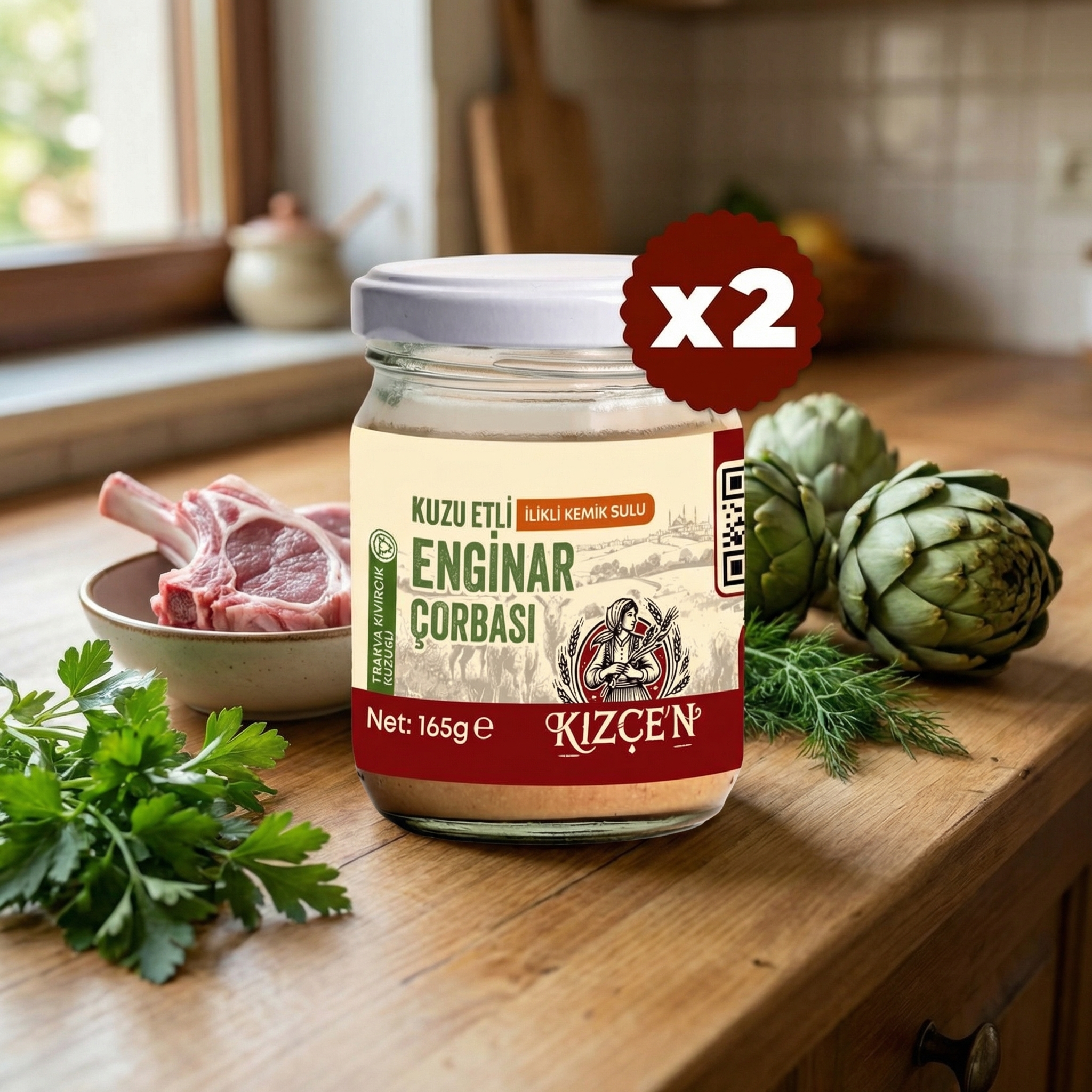 Bebekler İçin Doğal Lezzet: Kızçen Kuzu Etli İlikli Kemik Sulu Enginar Çorbası (2x165 gr) - Pratik ve Besleyici