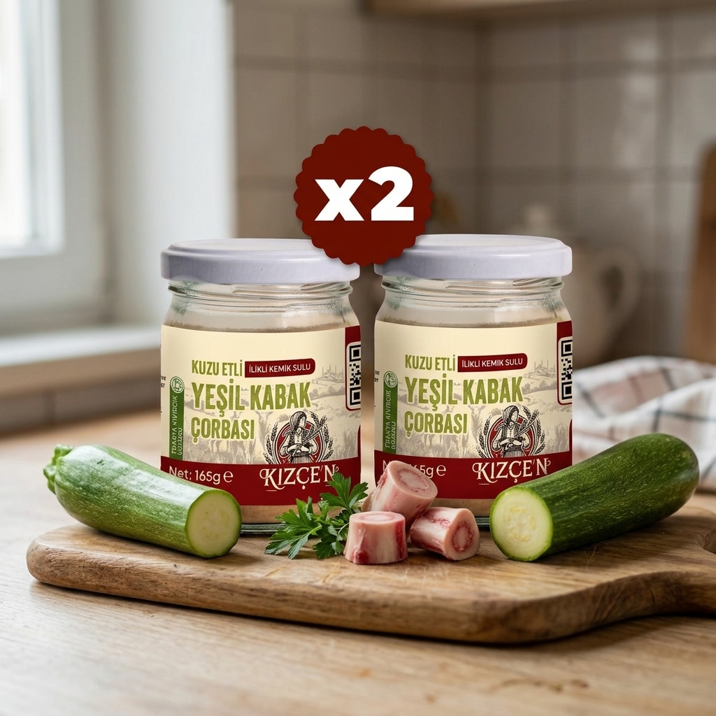 Kızçen Kuzu Etli İlikli Kemik Sulu Yeşil Kabak Çorbası 2'li Paket (2x165g) - Bebekler İçin Doğal ve Besleyici Lezzet